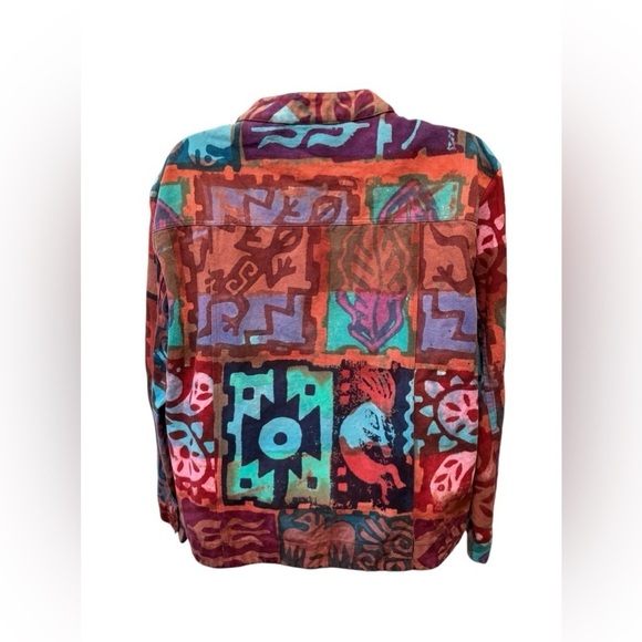VTG Artsy Boxy Jean Jacket Sz M Colorful Graffiti Print Cotton Pockets Casual - Picture 2 of 9